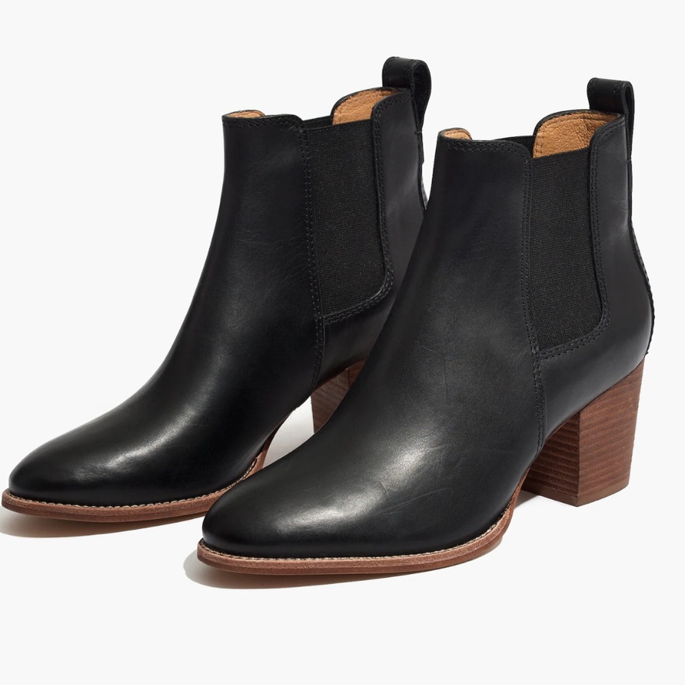 Madewell Black Leather Chelsea Ankle Boots with Brown Stacked Heel